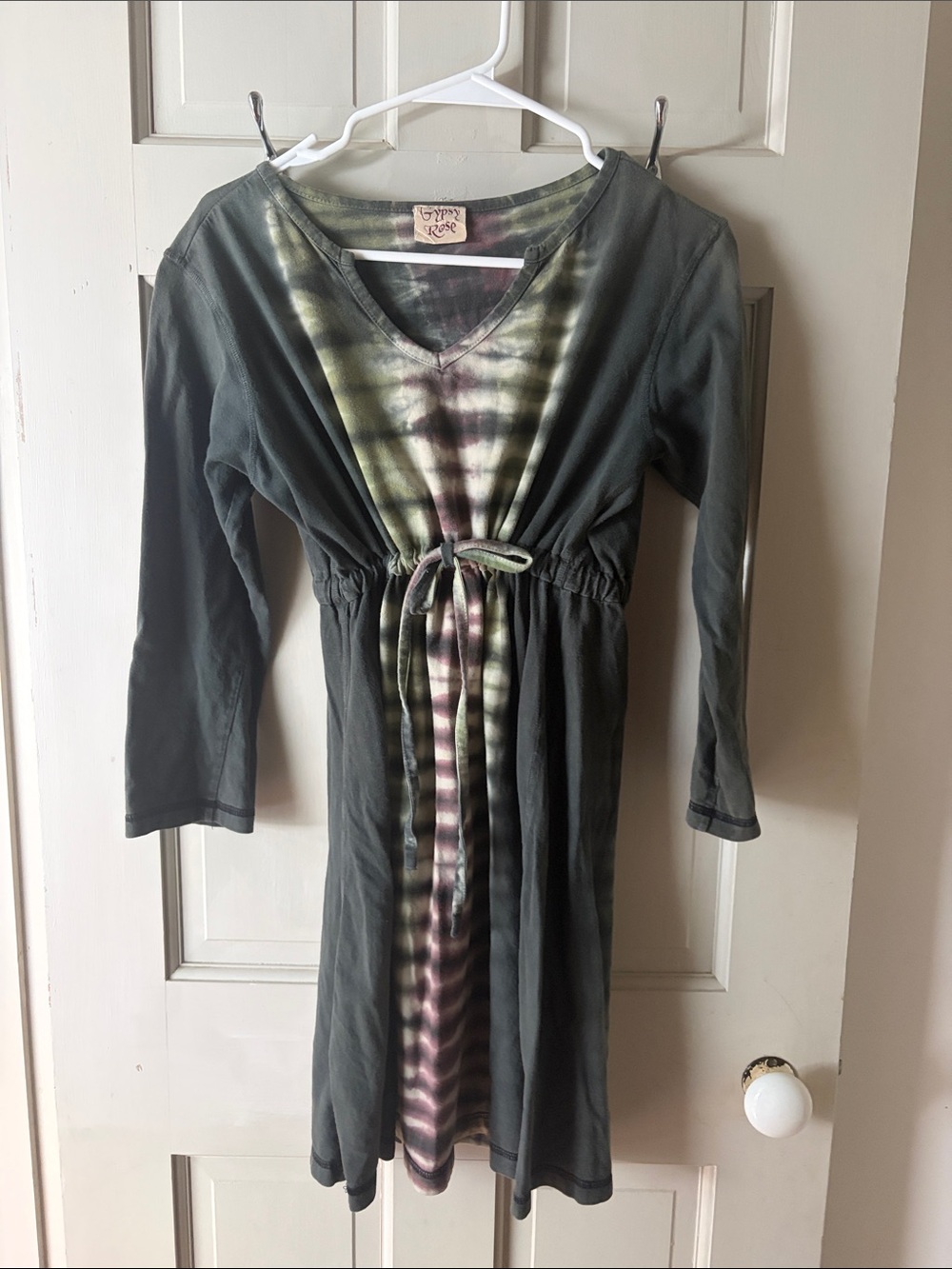 Long Sleeve Waist-Defined Tie-Dye Dress in Olive & Mauve